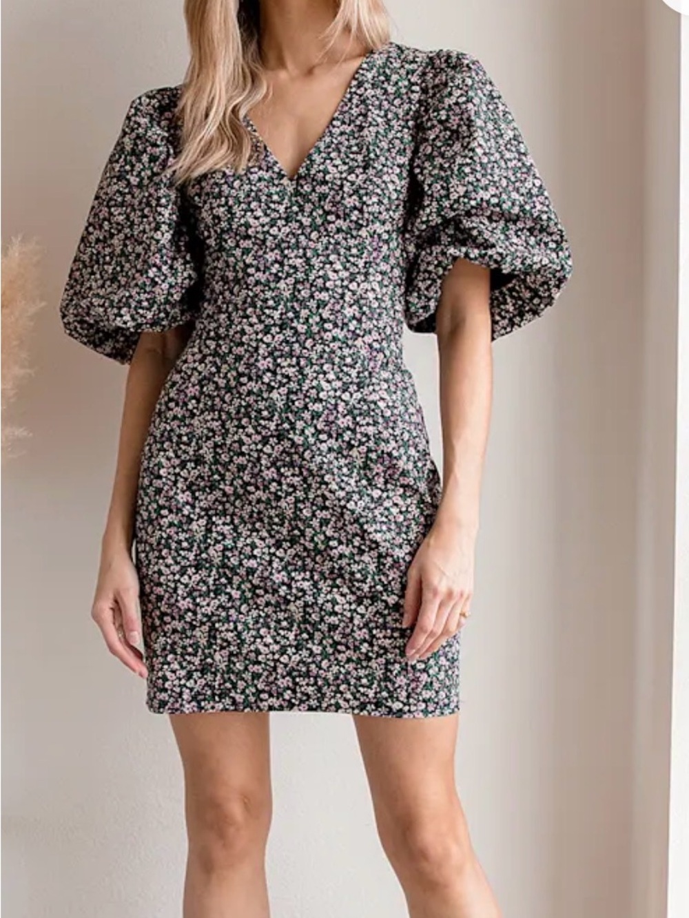 Lulus Keep It Sunny Black Floral Print Puff Sleeve Mini Bodycon Dress